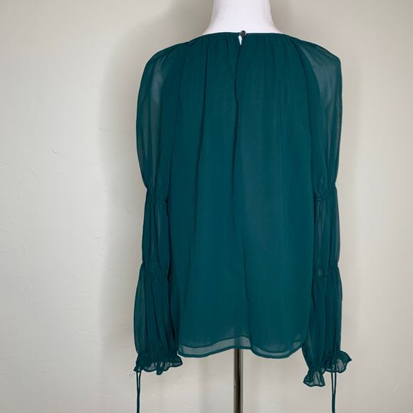 Dark Green Chiffon Blouse Gathered Bishop Sleeves Sz Medium - Picture 2 of 11